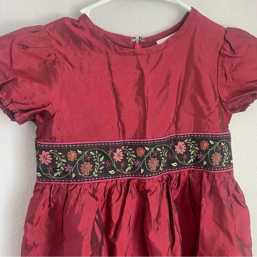 Hanna Andersson Girls Red Holiday Dress Puff Sleeve Embroidered Waist Size 6